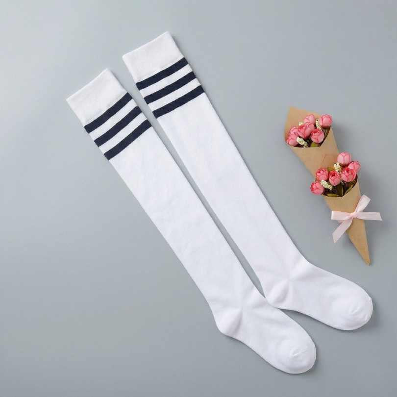 White thigh high cotton socks with double black stripe, femboy hosiery product shot