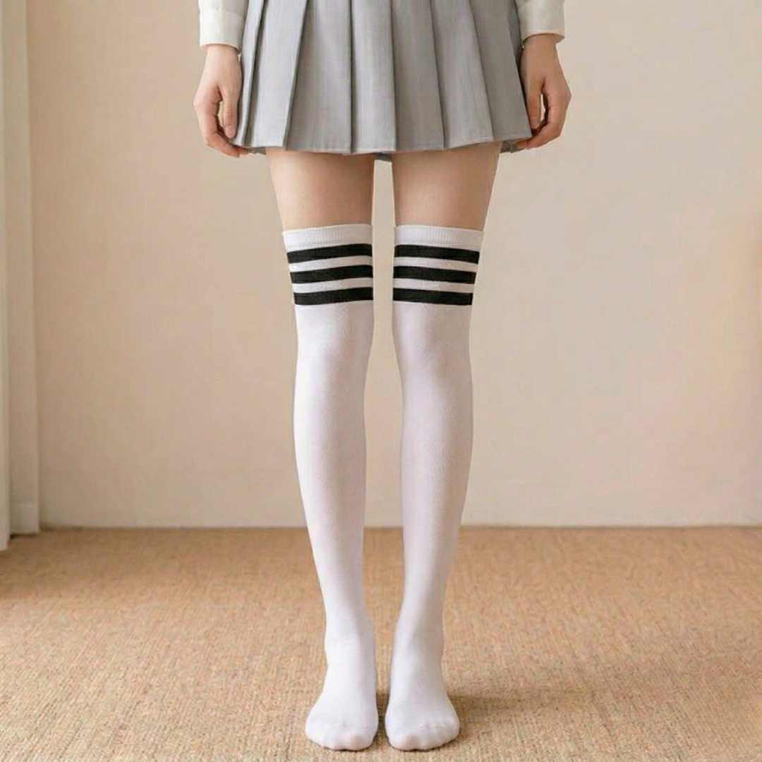 White thigh high cotton socks with black stripe for femboy outfits, over the knee style from FemboyBox