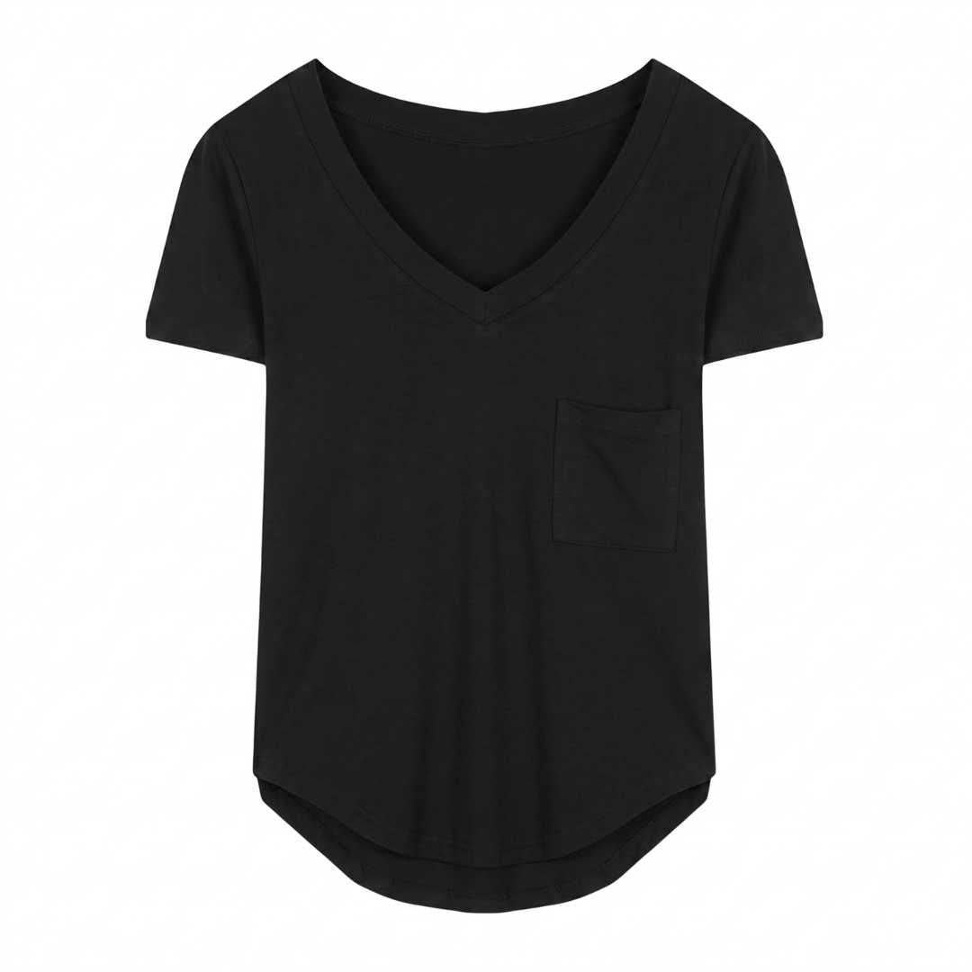 Black fitted femboy v-neck t-shirt product shot, curved hem casual femboy outfit essential