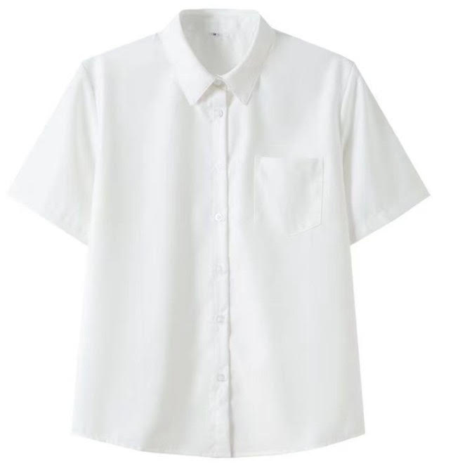 Studio product photo of a white short-sleeve femboy blouse with classic collar and single chest pocket, front-facing on a clean white background.