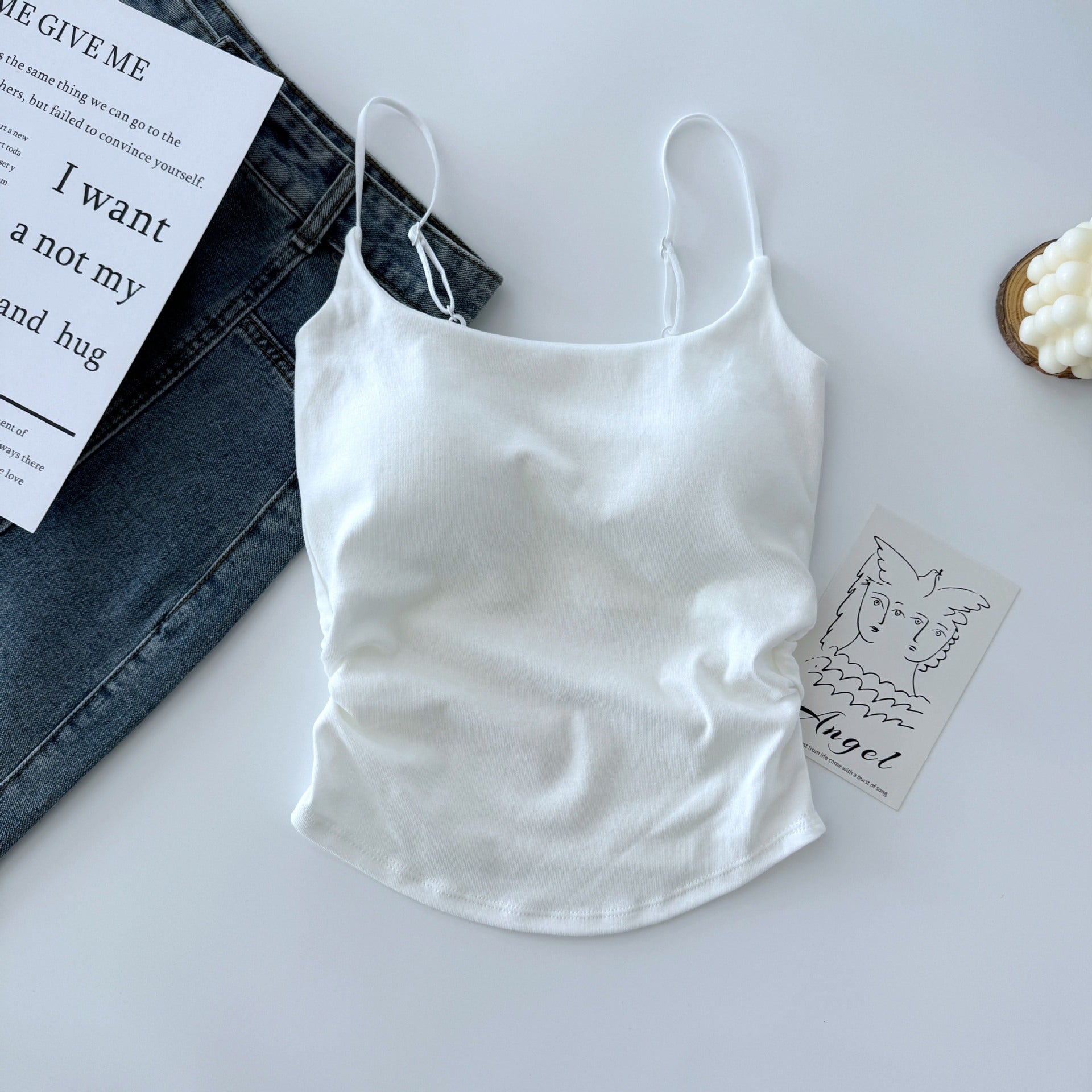 Femboy top white fitted cami thin strap stretchy tank flat lay