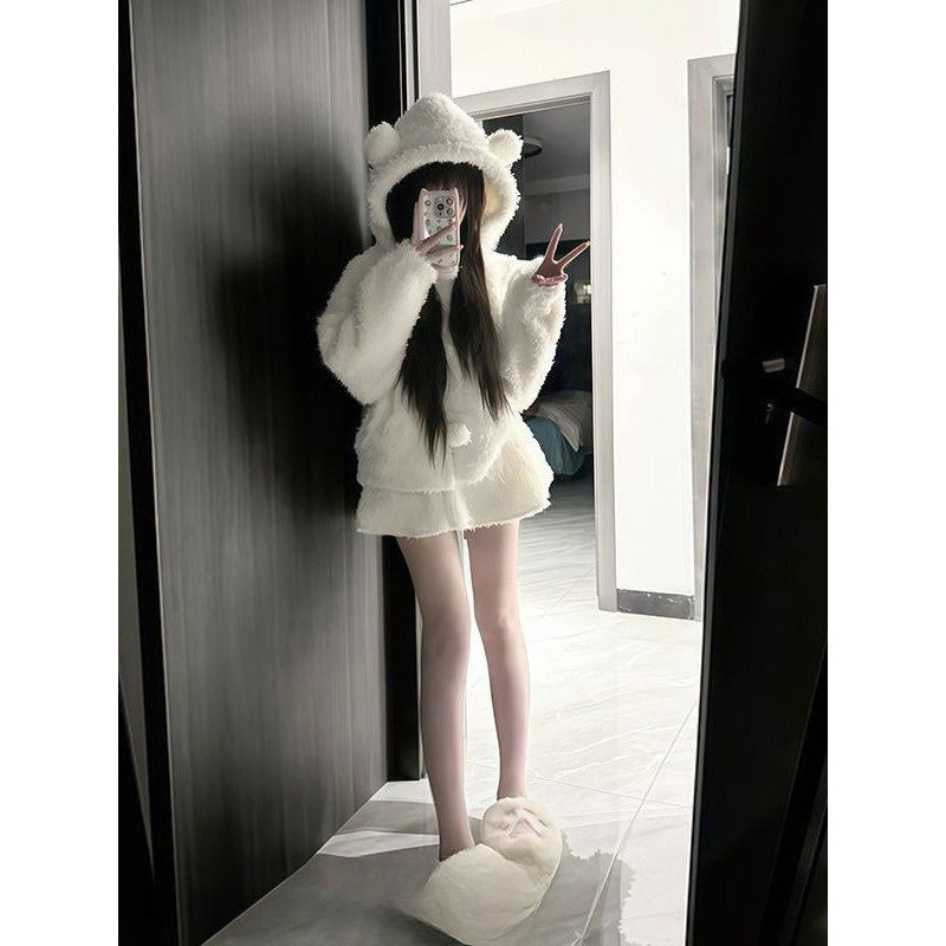 White fluffy femboy bear ear hoodie full length lifestyle shot, cute kawaii oversized sweatshirt