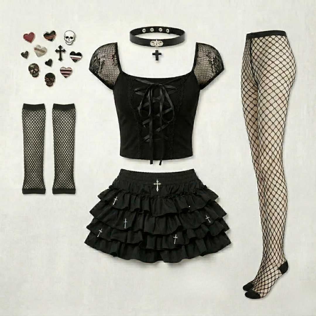 Black goth femboy kit with lace crop top, ruffle mini skirt, fishnet tights, cross choker and fingerless gloves from FemboyBox