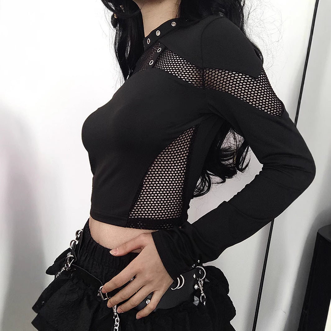 Goth femboy mesh crop top black long sleeve fitted punk side view