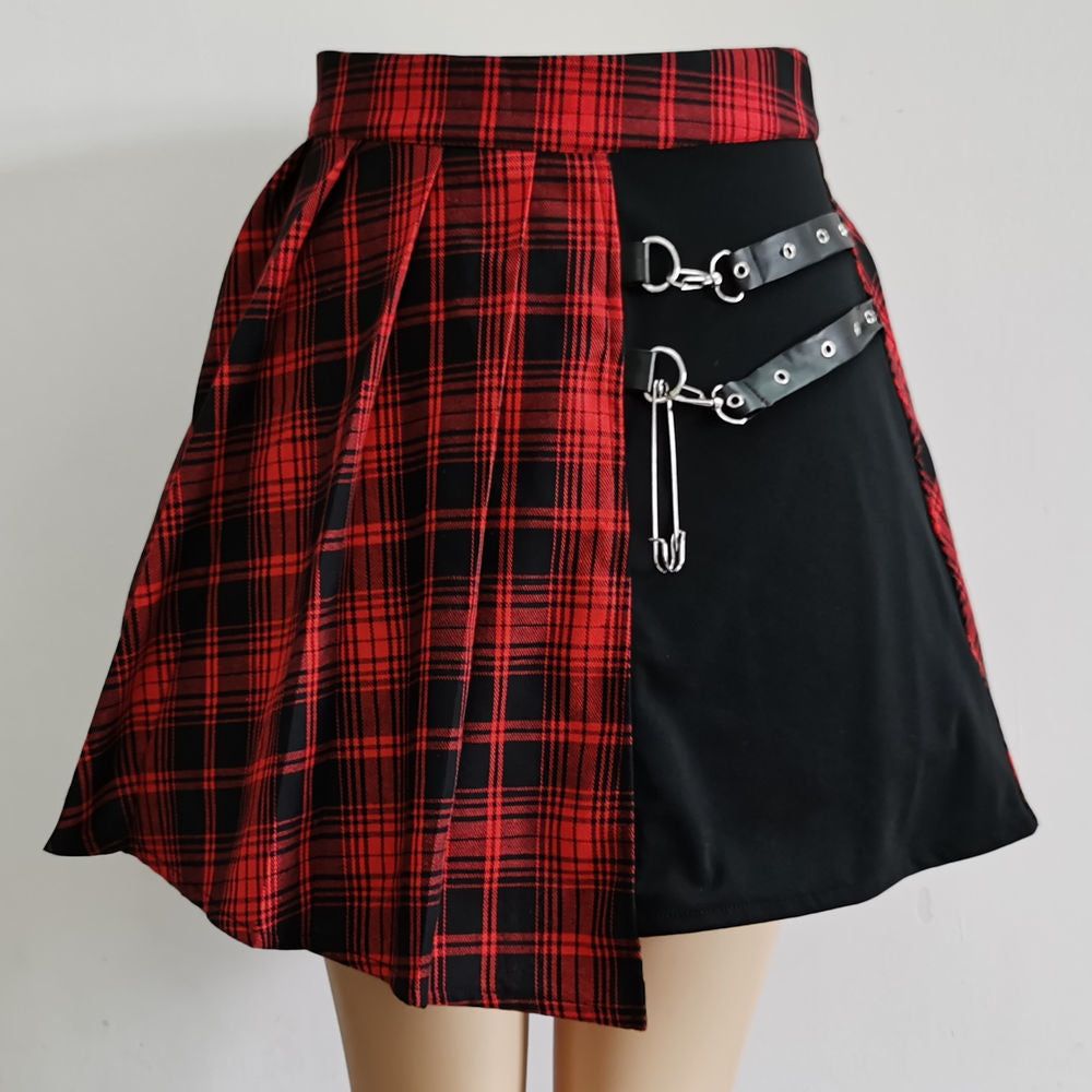 FemboyBox femboy skirt red plaid goth pleated asymmetric chain safety pin