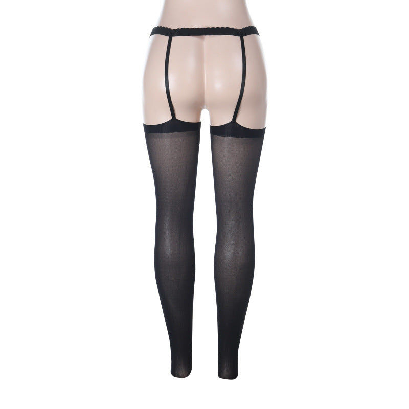 Black gothic cross thigh high stockings with suspender garter product back view, goth femboy hosiery