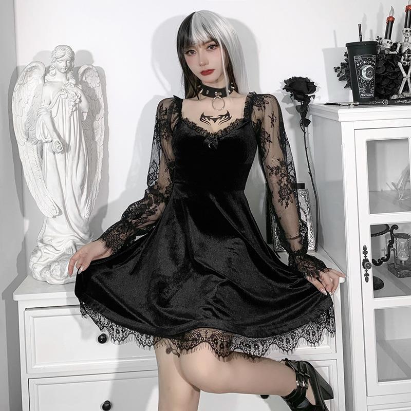 femboy outfit featuring gothic lace ruffle dress with sweetheart neckline and delicate lace sleeves