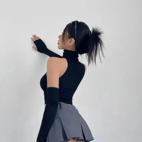 Femboy tops wine red halter turtleneck crop back view arm warmers