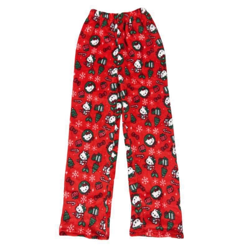 Red Hello Kitty print fleece pants displayed flat on a white background, featuring Christmas-themed icons such as snowflakes, gifts, candy canes and festive Hello Kitty graphics for cozy femboy loungewear.