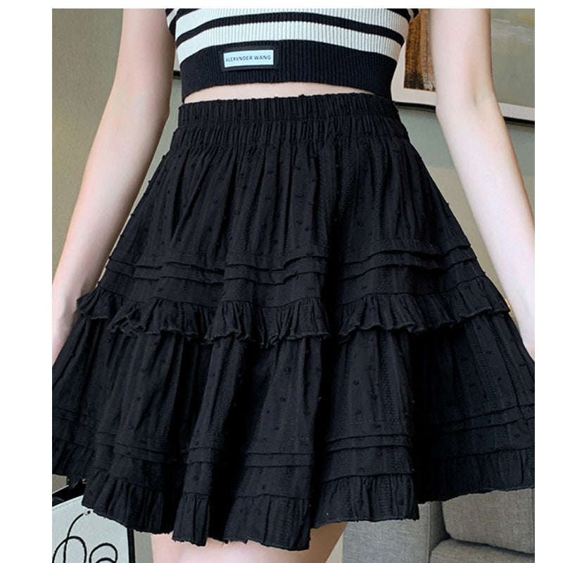 High-waisted black lace skirt for femboy outfits, featuring multiple ruffle layers and a soft, feminine silhouette.