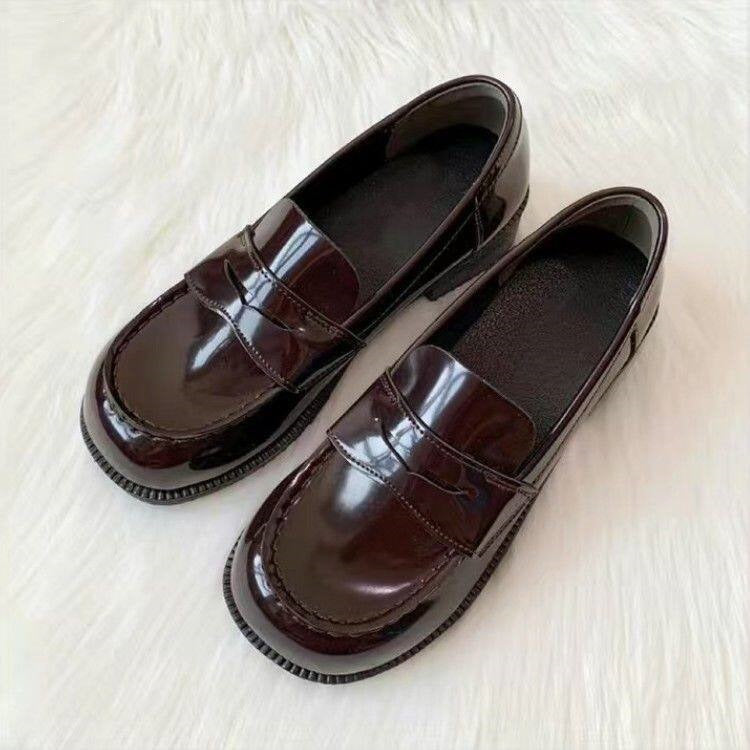 Femboy shoes brown jk uniform loafer glossy block heel round toe product