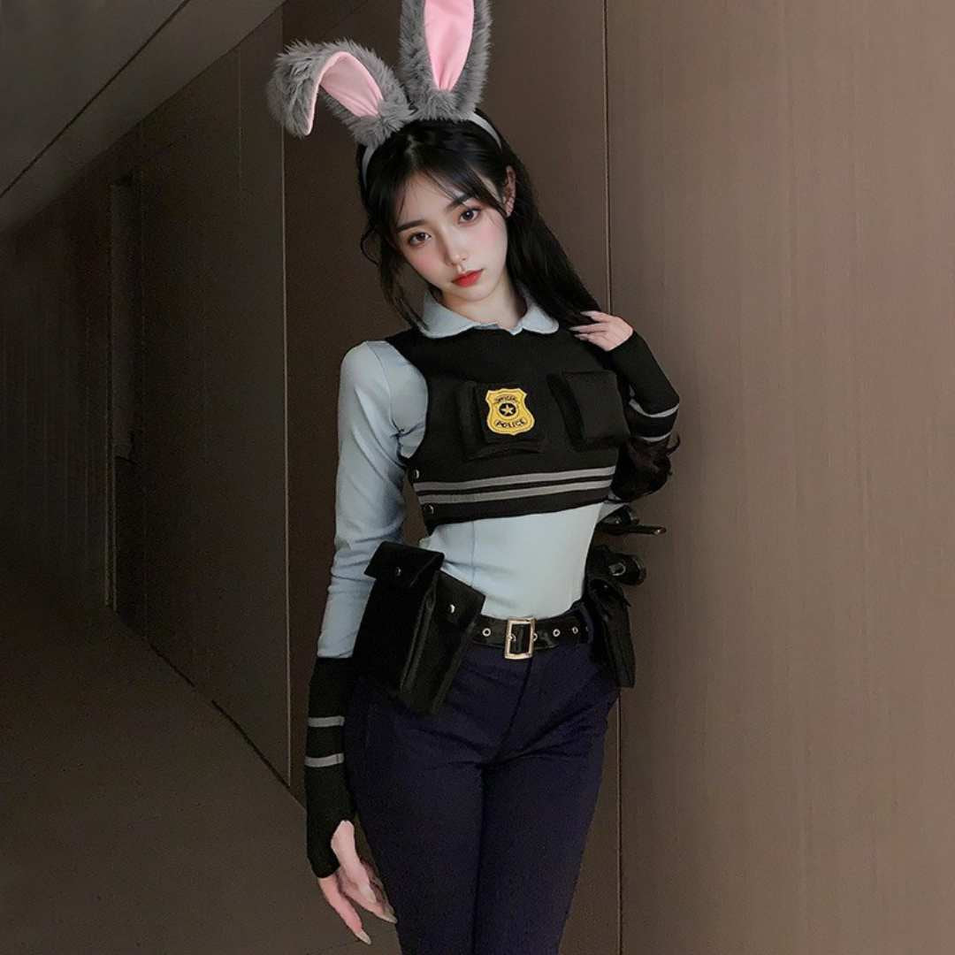 Full look Judy Hopps Zootopia femboy cosplay with bunny ears and police uniform, anime cosplay lifestyle shot