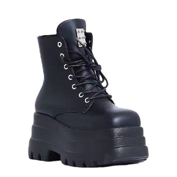 Femboy boots black platform ankle side zip goth back view