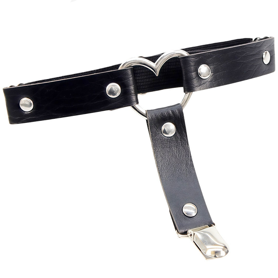 Black leather heart femboy thigh garter with silver heart ring and sleek leather straps, gothic femboy fashion accessory