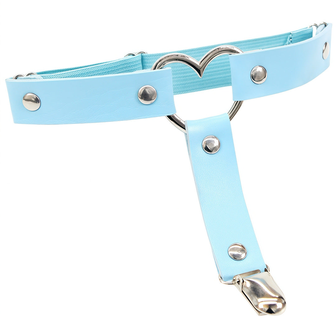 Light blue leather heart femboy thigh garter with polished metal heart detail and adjustable strap, pastel femboy fashion aesthetic