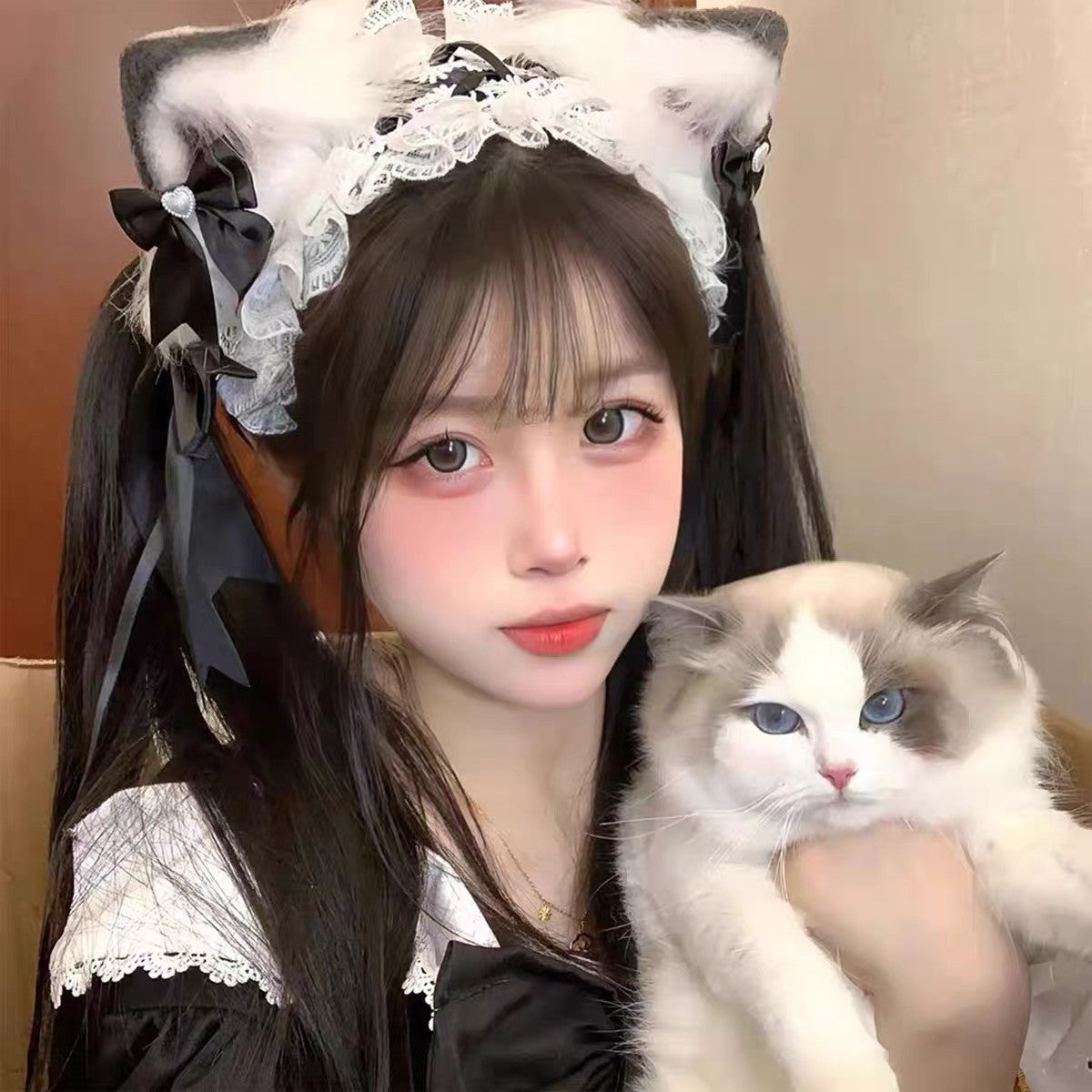 White fluffy lolita cat ear clips worn lifestyle shot, cute kawaii femboy accessory with cat
