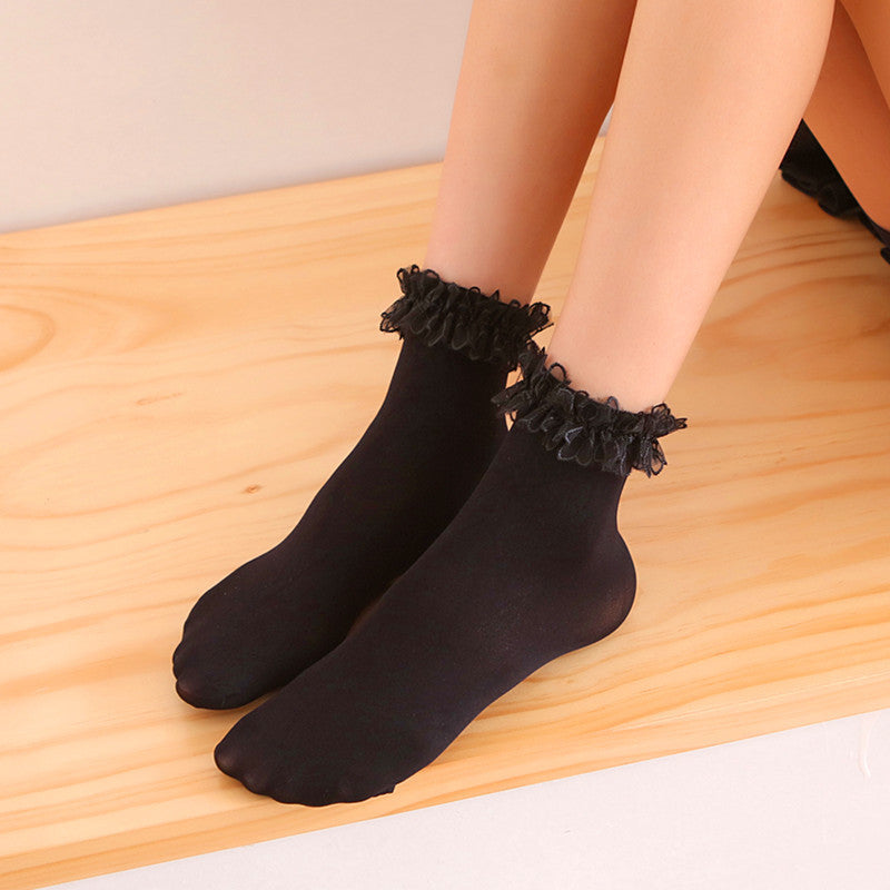 Femboy socks black lace ruffle cuff velvet lolita ankle on model