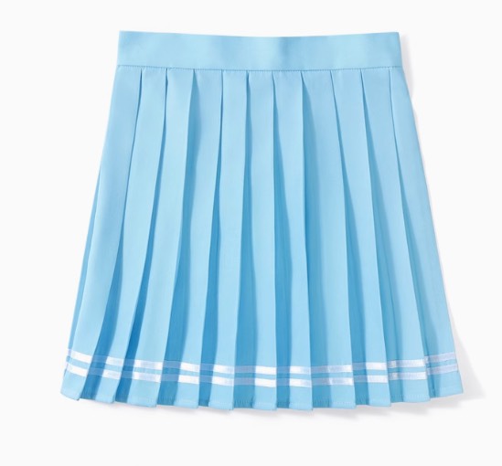 Light blue pleated skirt laid flat, pastel femboy outfit staple with crisp pleats and white stripe trim, top-down product photo on white background