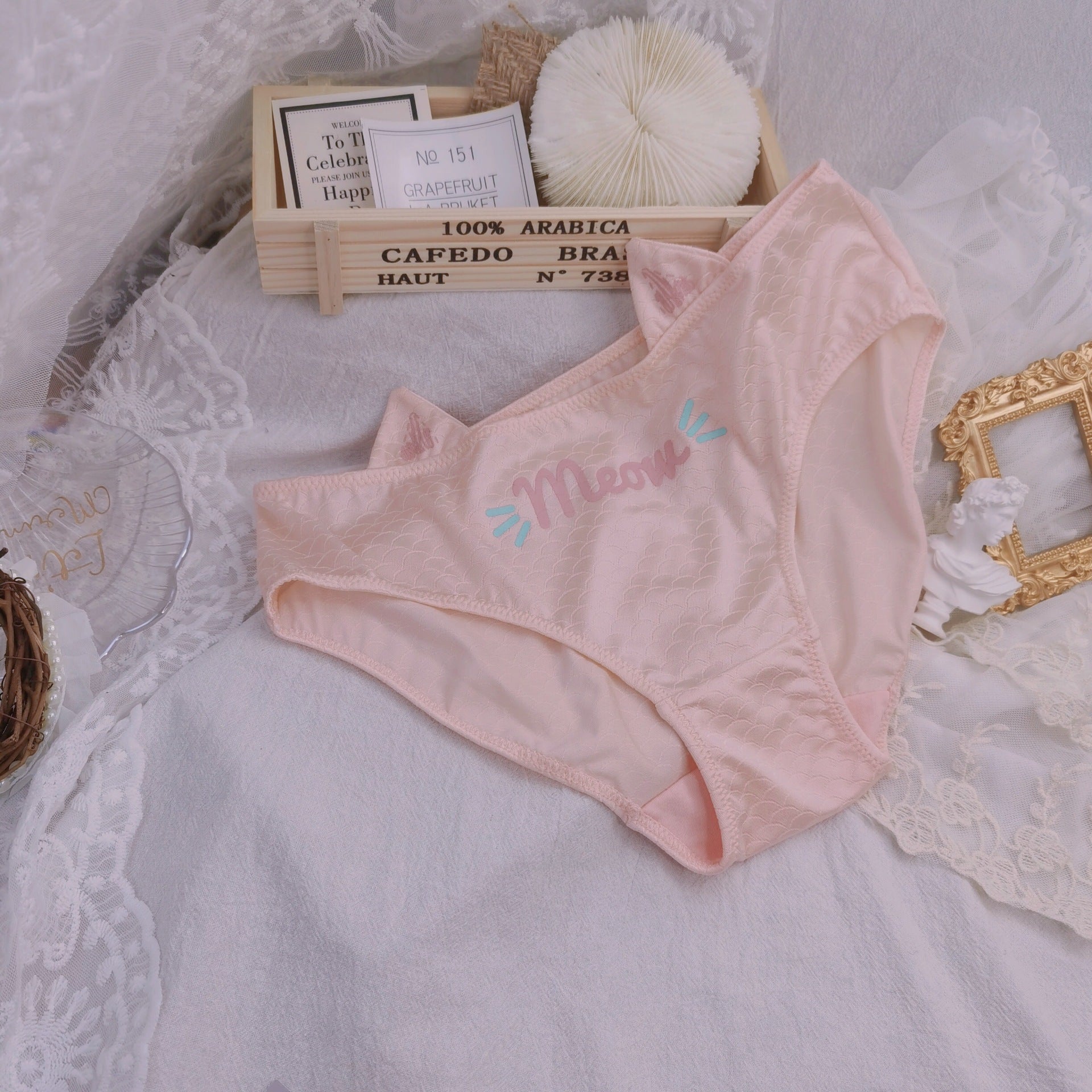 Pink cat pouch femboy panties with cat ear waistband and meow print, soft aesthetic flat lay styled with lace decor