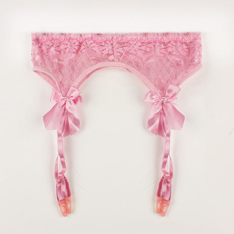 Pink Sheer Garter Belt with Lace Detailing and Bow Accents - Features a pink lace garter belt with bow details, perfect for adding a touch of femininity to femboy outfits.