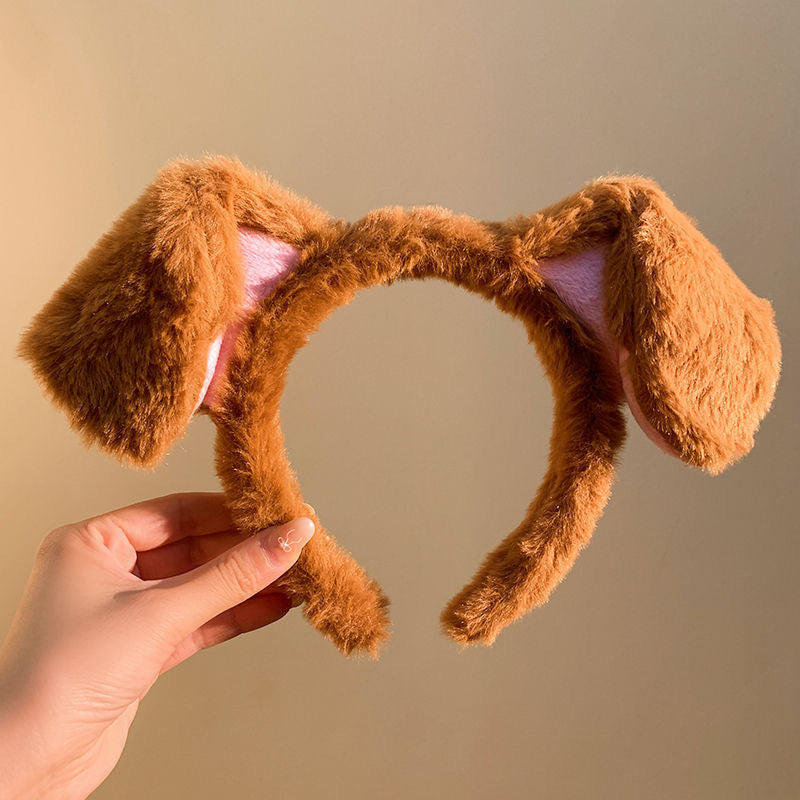 Brown floppy plush puppy ear headband product shot, kawaii animal ear femboy accessory