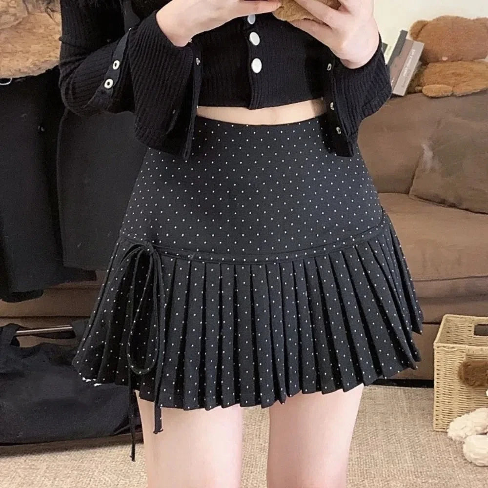FemboyBox femboy skirt black polka dot pleated mini bow tie high waist schoolgirl