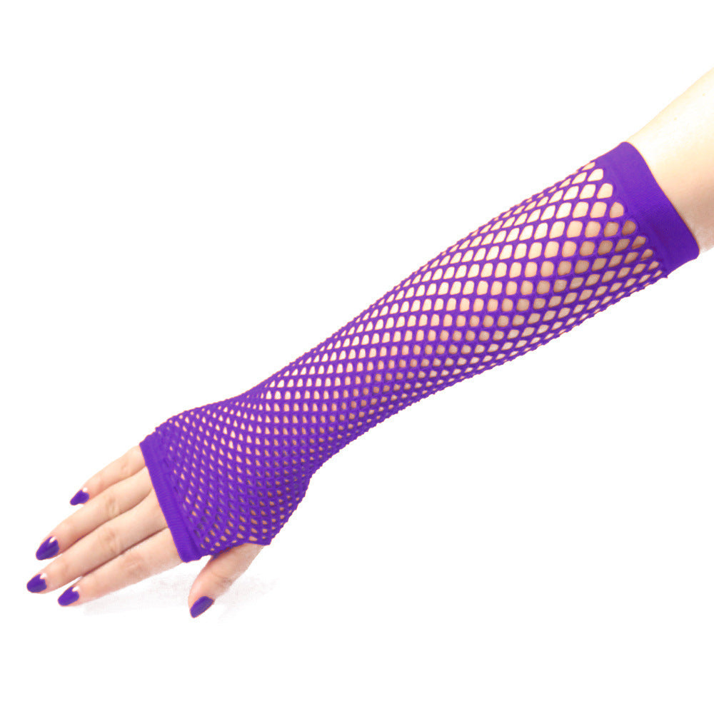 Single arm wearing long purple fishnet sleeve with finger hole design, shown in extended pose for alternative e-girl and femboy clothing aesthetics.