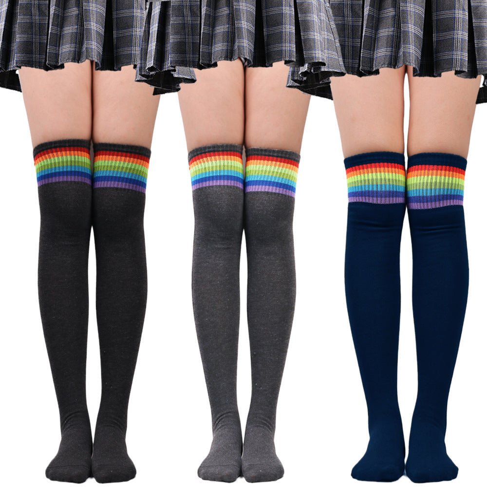 FemboyBox femboy socks rainbow stripe over knee black grey navy ribbed cuff