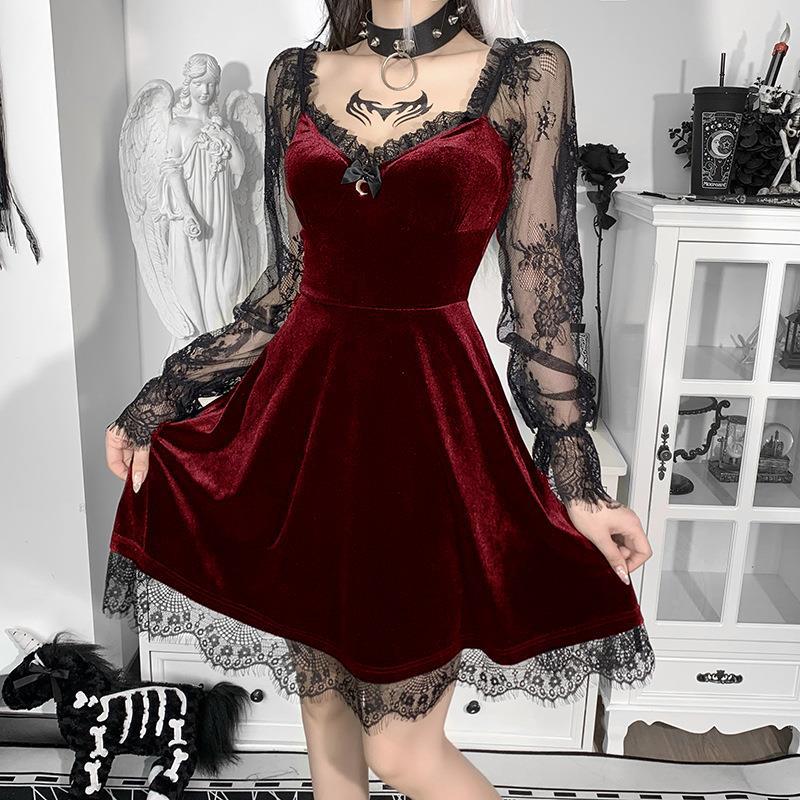 red velvet gothic lace ruffle dress with elegant lace detailing styled for alternative femboy dresses