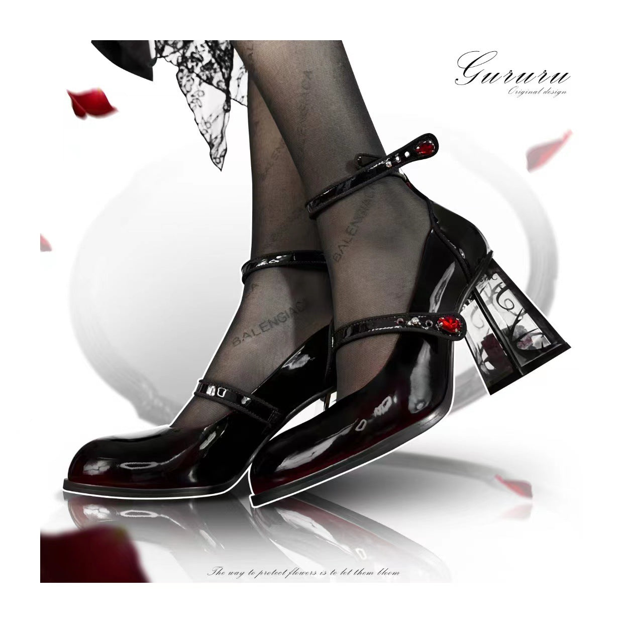 Femboy heels wine red mary jane block heel rose buckle product view