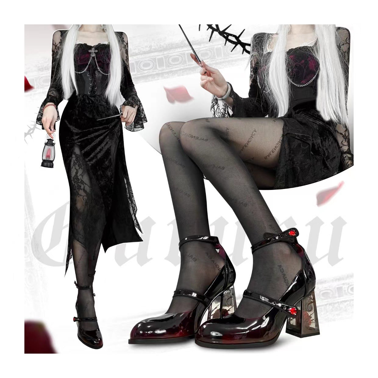 Femboy heels wine red mary jane block heel goth with thigh highs