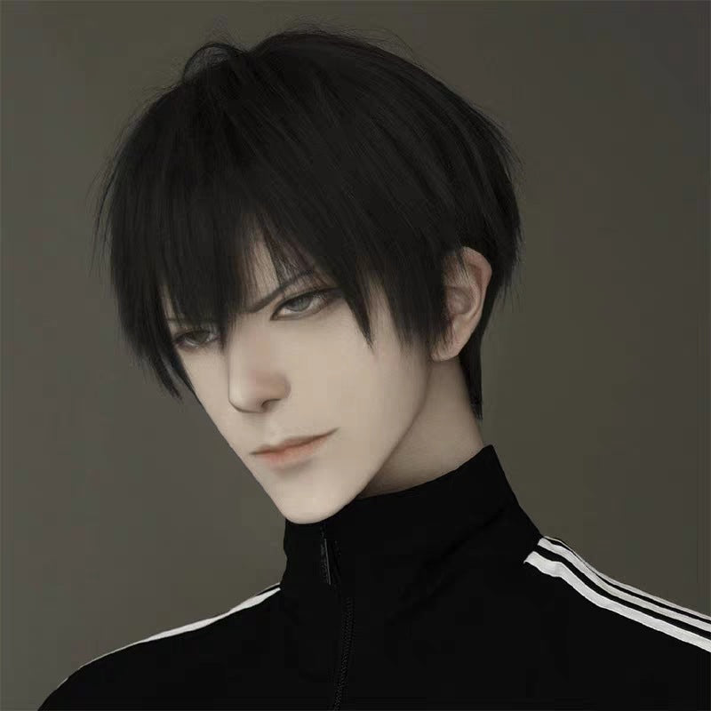 Short bangs femboy wig worn by model, front three-quarter angle showing fluffy layered cut with soft bangs framing the face, natural black tone, youthful and aesthetic femboy hairstyle suitable for casual femboy outfits
