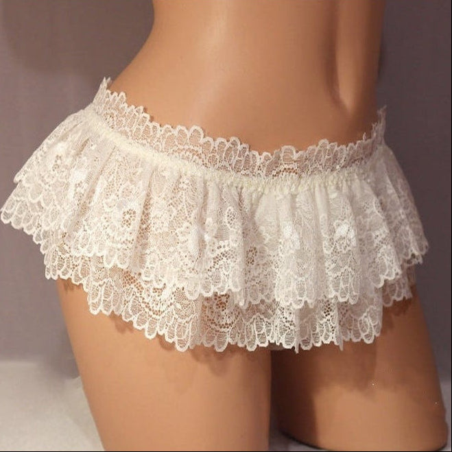 White sissy lace mini skirt with double-tier lace ruffles on mannequin, clean cutout background for e-commerce display, delicate feminine design for femboy clothing.