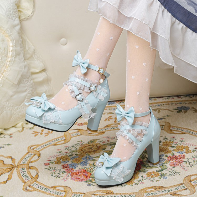 Model in sky blue Lolita Bowlace pumps adorned with bows and lace, paired with heart-patterned tights, capturing a playful yet elegant style perfect for femboy fashion connoisseurs.