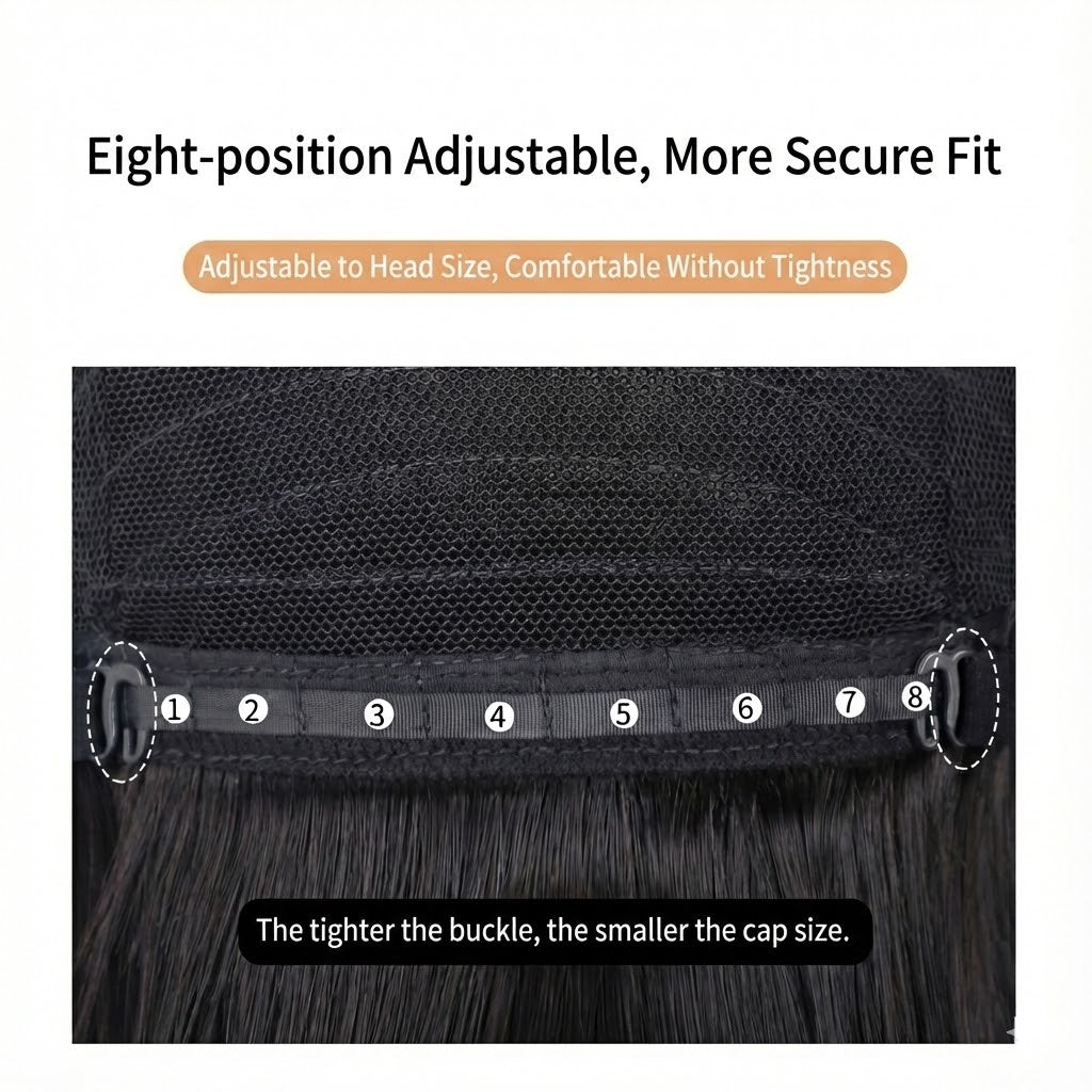 Adjustable strap system on soft curl femboy wig showing secure fit and size flexibility