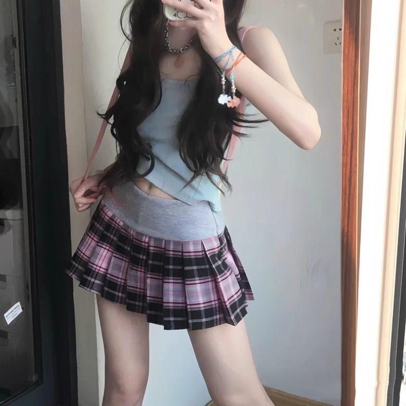 FemboyBox femboy skirt pink plaid sporty waistband pleated micro embroidered y2k