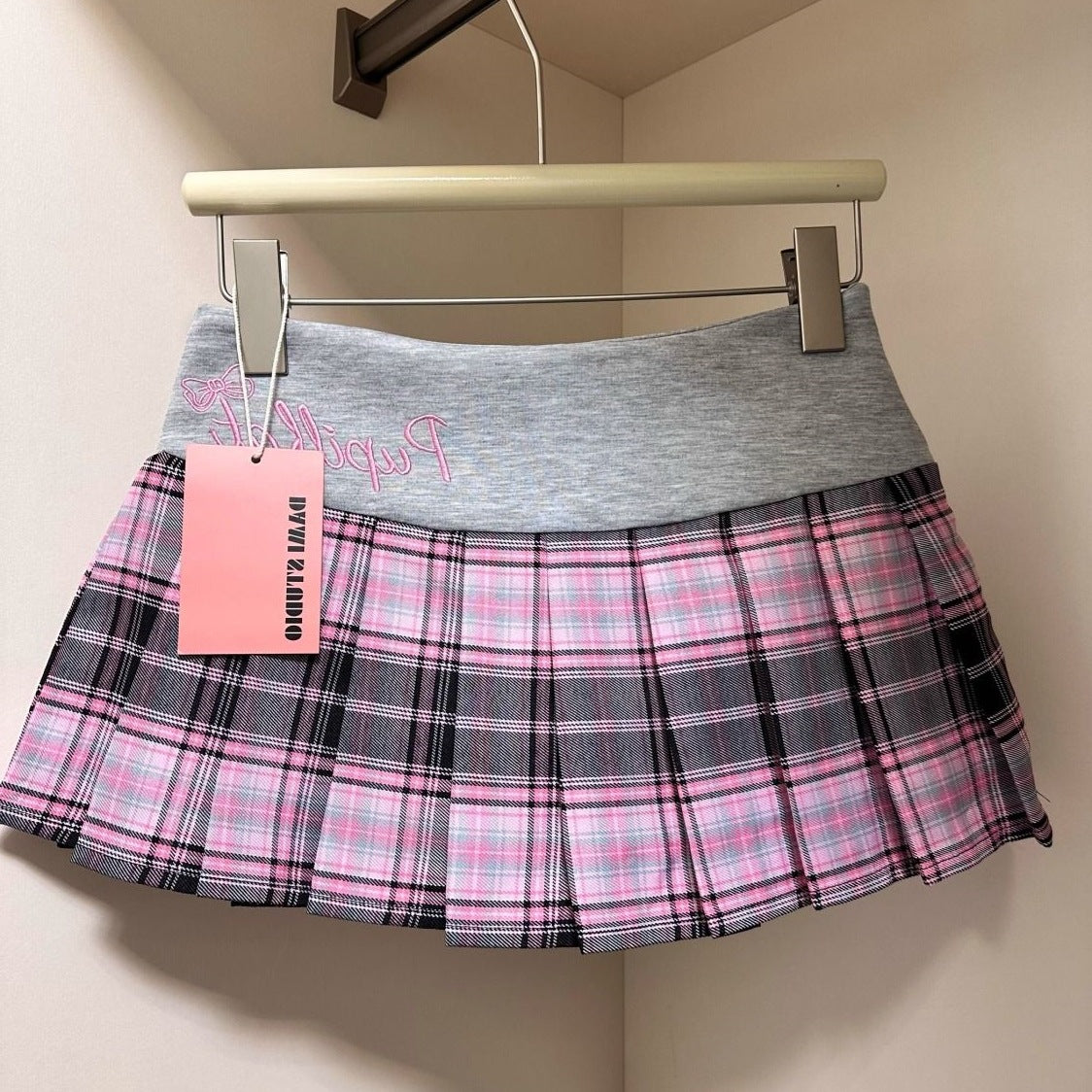 Femboy skirt pink plaid sporty grey waistband pleated micro product