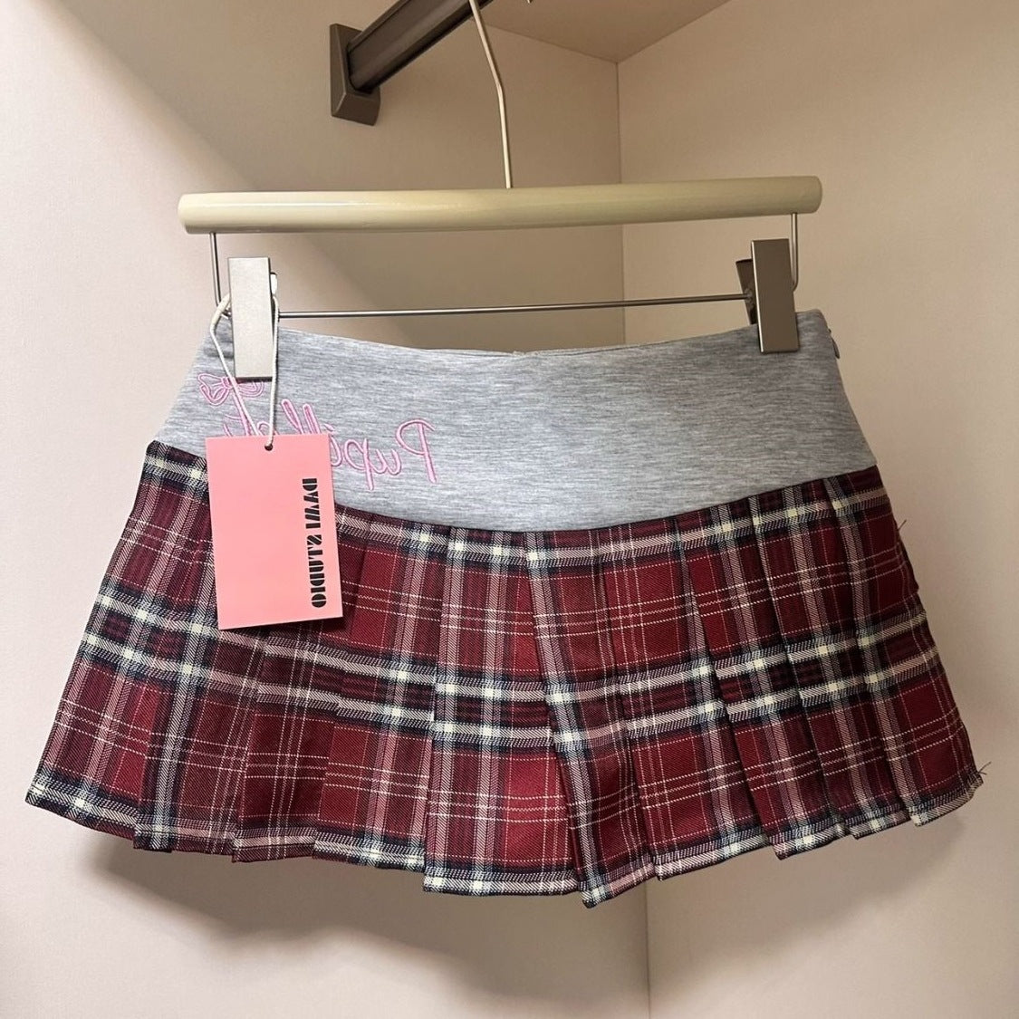 Femboy skirt red plaid sporty waistband pleated micro embroidered product