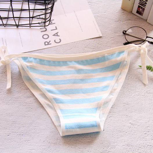 Femboy panties blue white stripe tie side cotton low rise flat lay