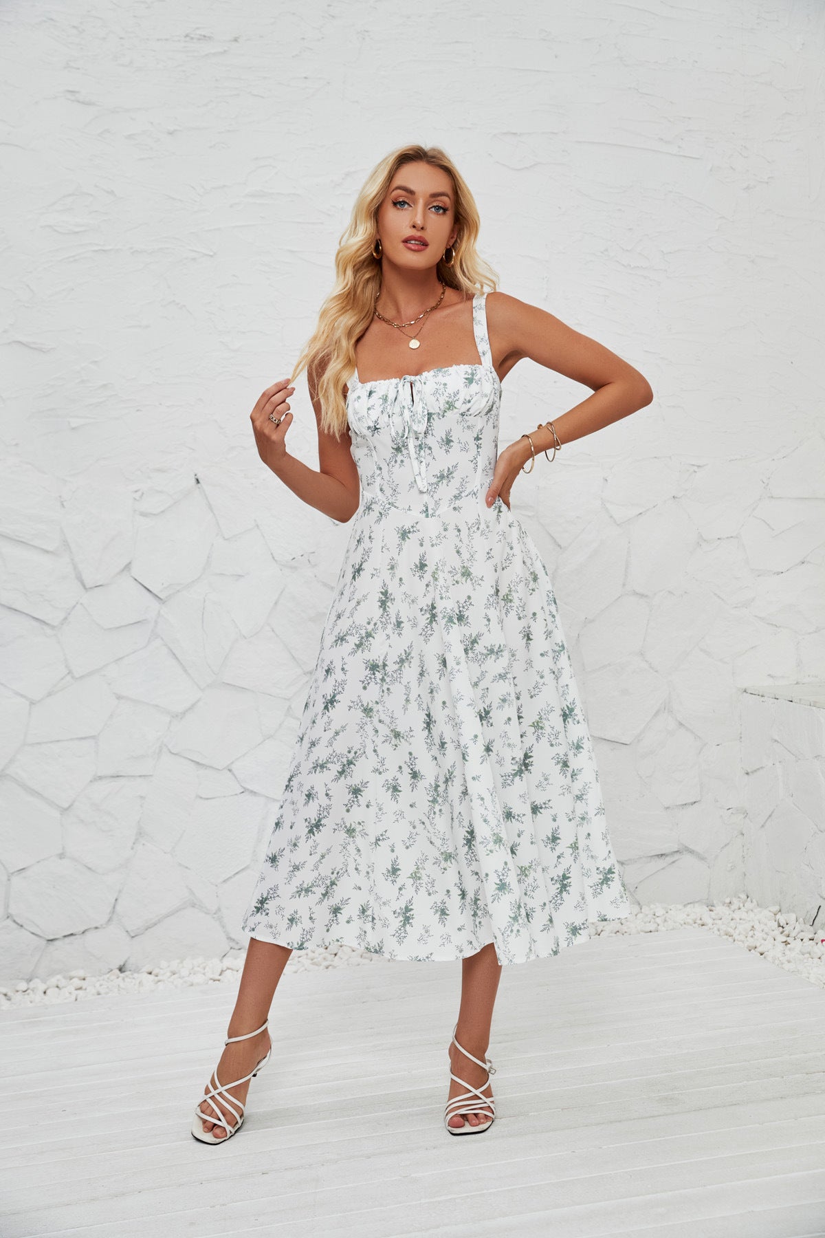 Full‑body front shot of white Summer Floral Femboy Midi Dress with green leaf print, best femboy clothing.
