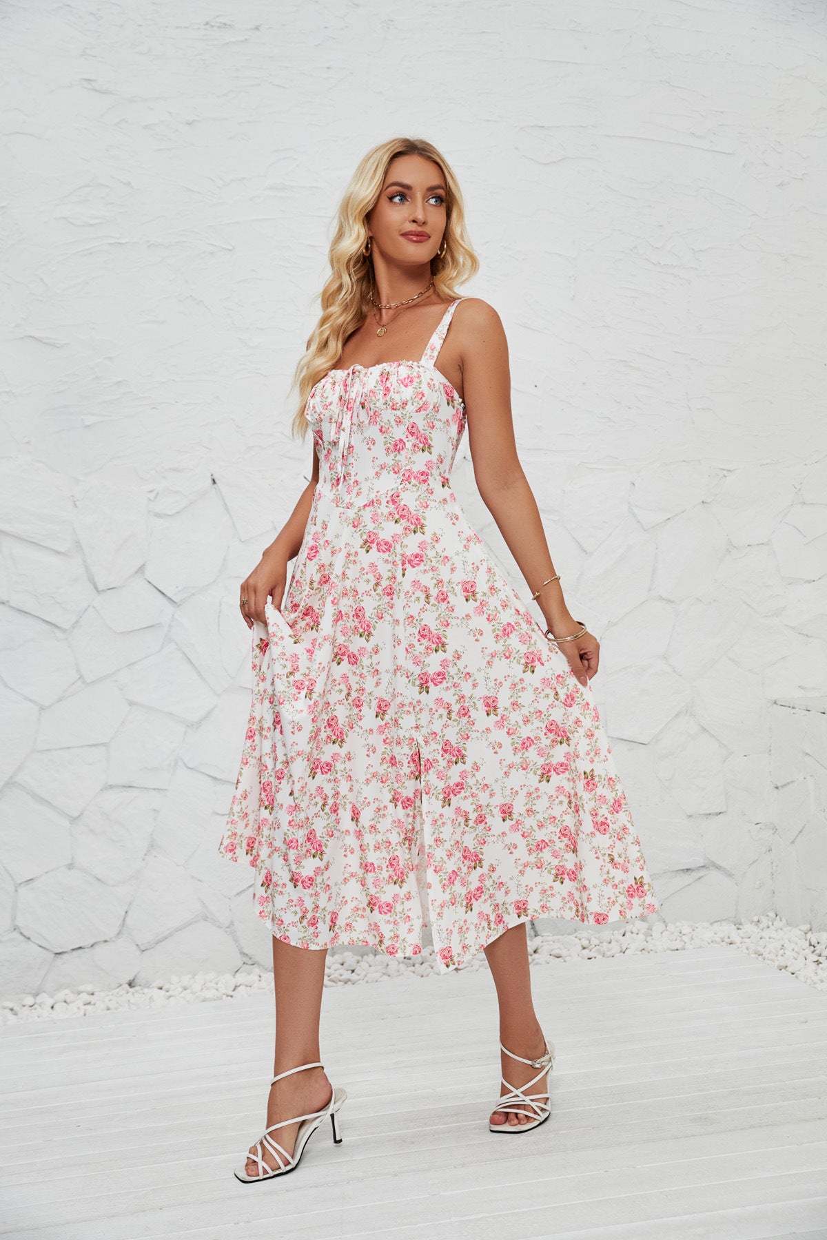 Full‑body front shot of white Summer Floral Femboy Midi Dress with pink rose print, hot femboy outfit.