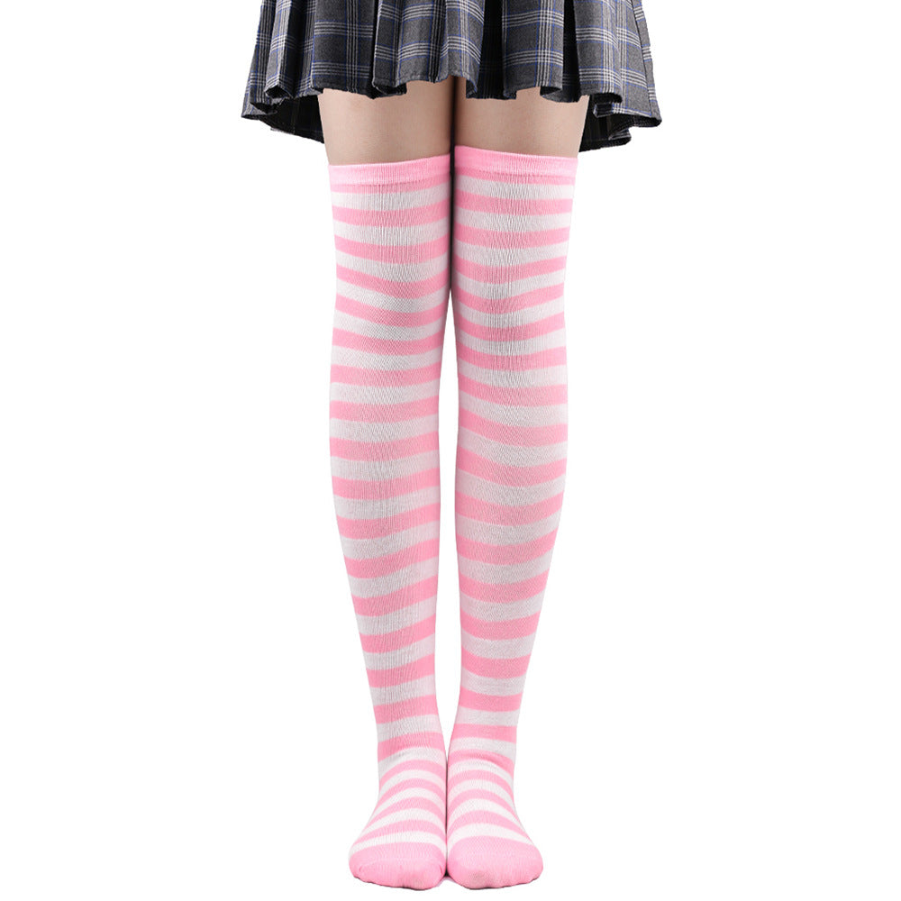 Pink and white thin striped thigh high socks, cute femboy over the knee hosiery