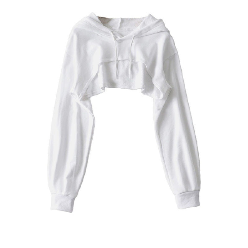 Front view of white cropped femboy hoodie with soft cotton fabric and long relaxed sleeves – minimalist femboy outfit, cute femboy clothing style