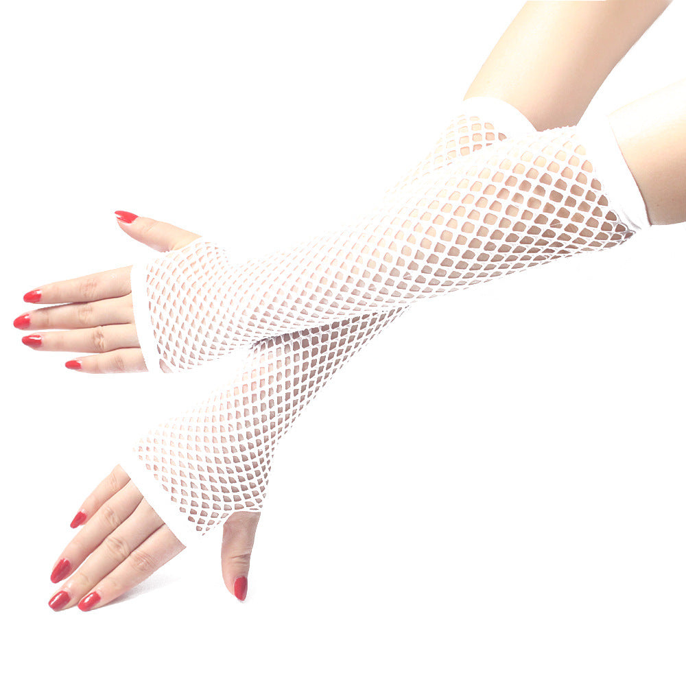 White fishnet arm sleeves with open-mesh design covering both arms, photographed on clean white background for soft femboy clothing styling.